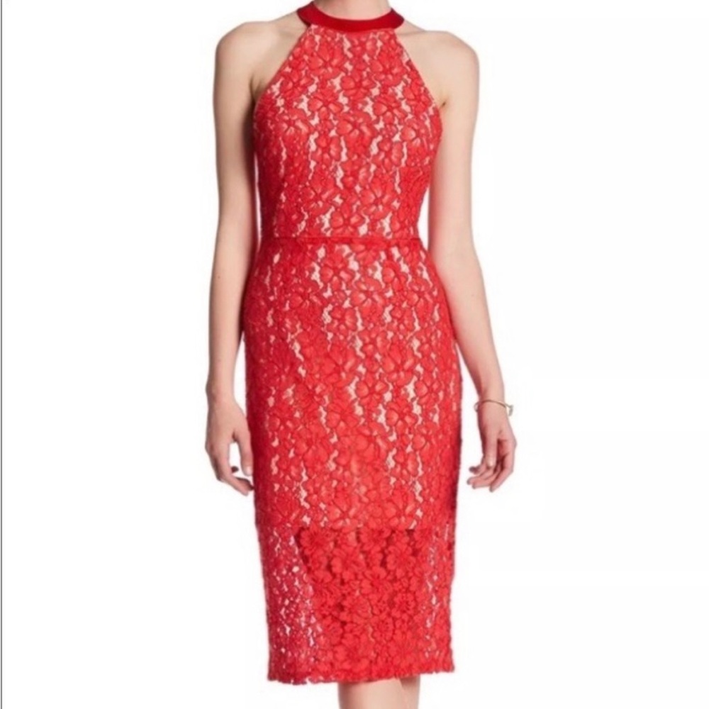 ABS COLLECTION, Red Lace Halter Dress